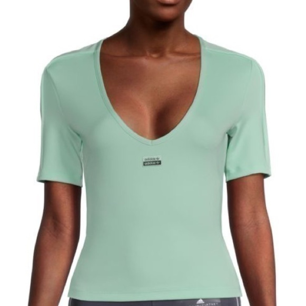 ADIDAS Cropped V Neck Performance Tee Frozen Green Sz.S NWT!